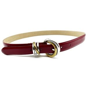 Vintage Genuine Leather Belt Red 80s Silver / Gold Colored Buckle Size S